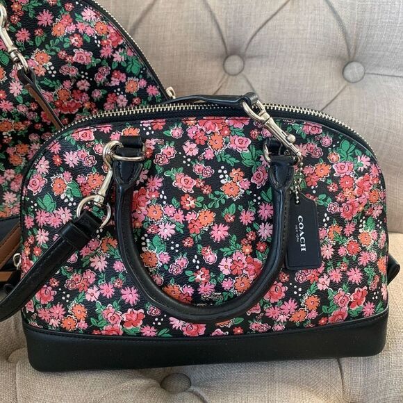COACH sierra F57622 floral satchel bag set of two pink black large and medium - Picture 2 of 12